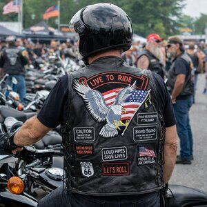 Genuine Buffalo Leather Biker's Vest with 14 Patches American Eagle on the back